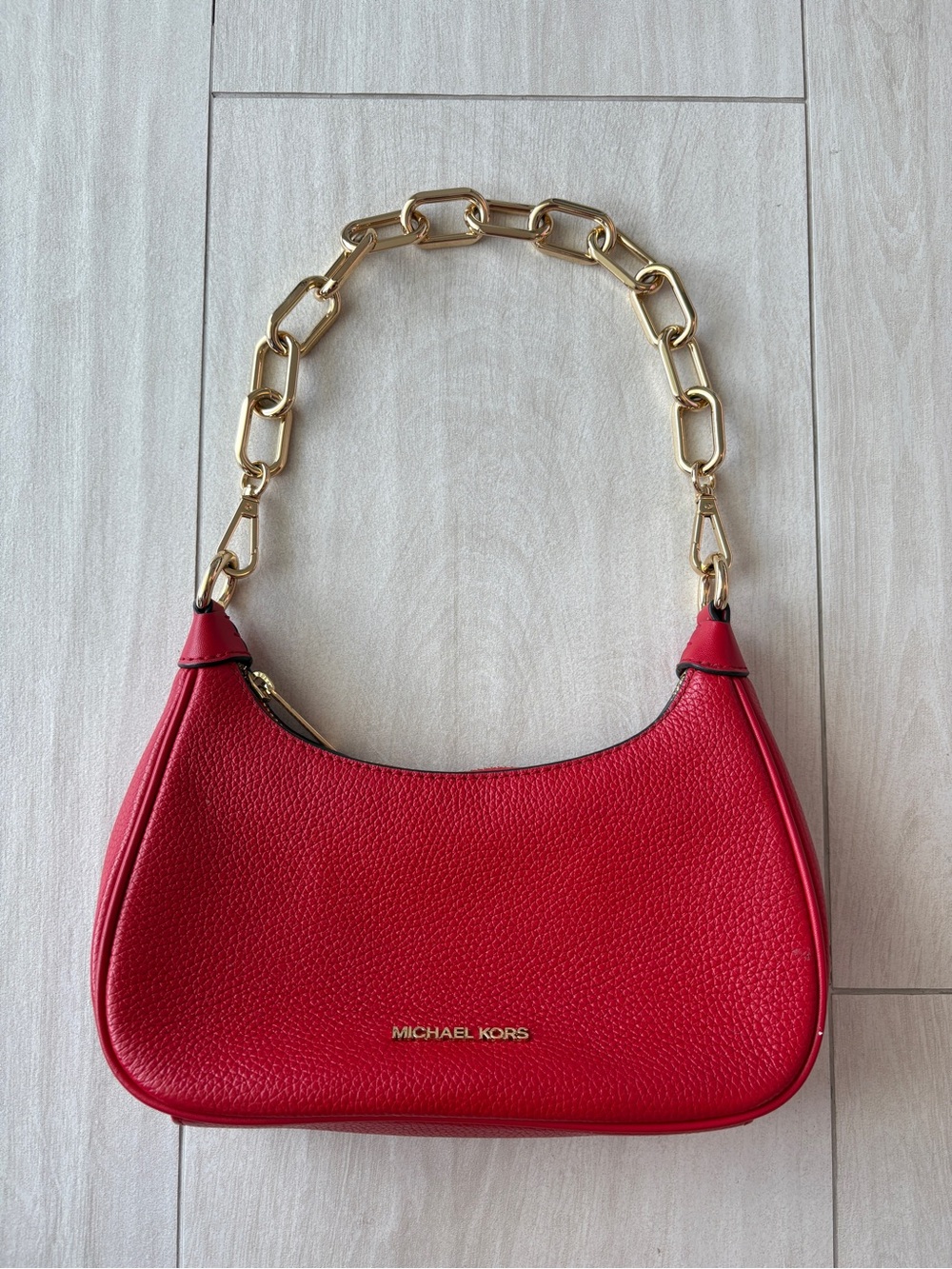 Michael Kors Red Pebbled Leather Shoulder Bag with Gold Chain Accent